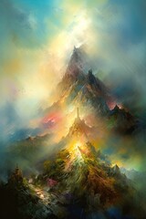 Dreamlike Nature Wall Art with Majestic Mountains and Enchanted Glow