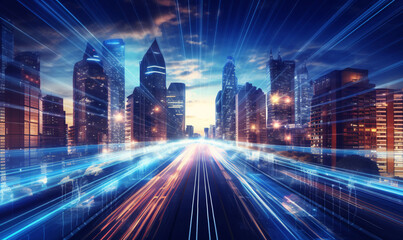 Obraz premium Abstract background of high speed global data transfer and super fast broadband in futuristic tech city at night.