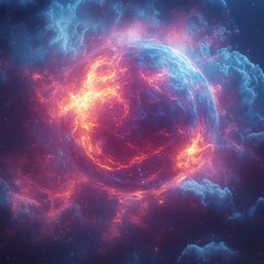 Fototapeta premium A vibrant cosmic scene depicting a glowing planet surrounded by colorful nebulae.
