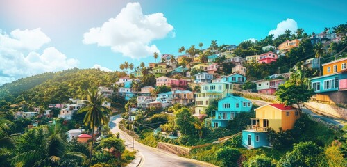 A colorful hillside town, with pastel-colored houses stacked atop each other, winding streets, and lush greenery, all under a bright blue sky with a few fluffy clouds.
