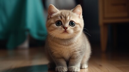 A short-haired British kitten, round and chubby, sitting calmly with a curious gaze