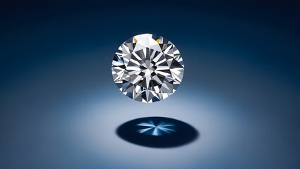 One big diamond floating in the air on a dark blue background. Presentation of diamonds.