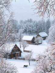 Serene Winter Landscape Featuring Snow-Covered Cabins and a Horse Walking Through a Snowy Countryside Surrounded by Frosted Trees