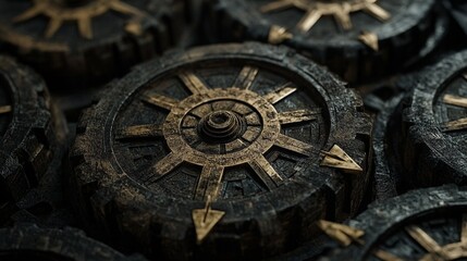A series of mechanical cogs with arrows engraved in a circular pattern, highlighting movement and synchronization


