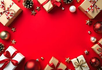 A collection of Christmas gifts and decorations on a red background, including wrapped presents, ornaments, and other festive items
