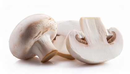 Fototapeta premium White champignon mushrooms on white background, culinary cooking ingredient. Autumn season harvest