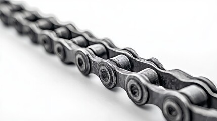 A detailed close-up of a bicycle chain shows the intricate links and smooth finish against a clean white background. The design allows ample room for overlaying text or graphics