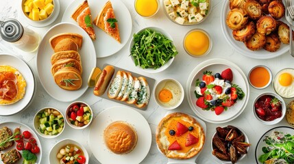 A morning feast for the eyes and taste buds, showcasing a stunning breakfast buffet, featuring a wide variety of dishes and flavors, artfully arranged on a white top view