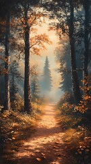 Autumn forest path through trees. Sunlight filters through canopy.