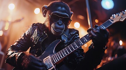 Obraz premium Energetic Monkey Rockstar Shreds Electric Guitar on Illuminated Stage