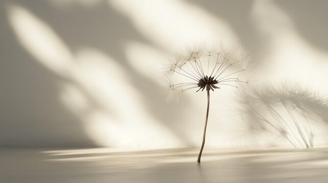 A dandelion seed head with feathery seeds against a white background with shadows.