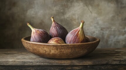 Fresh figs are arranged in a shallow wooden bowl resting on a weathered wooden surface. The background features a soft, muted texture that enhances the natural beauty of the fruit