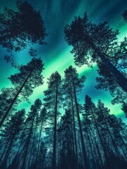 Obraz premium Enchanting Aurora Borealis Dances Above Towering Pine Trees Under Starry Night Sky in a Serene Forest Landscape