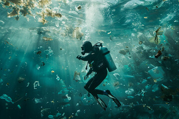 Beautiful diver goes on an underwater adventure in frighteningly deep sea