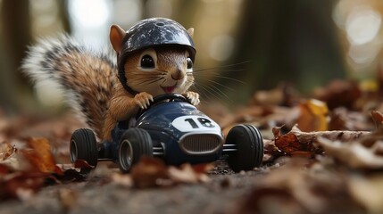 Squirrel in Helmet Driving Miniature Car on Forest Track