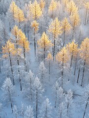 Fototapeta premium Frosty Forest Landscape with Sunlit Trees Creating a Stunning Contrast of Golden and White in a Wintry Wonderland Setting for Nature Photography