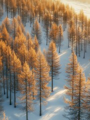 Aerial View of Majestic Larch Trees in Snowy Landscape at Sunrise, Capturing the Golden Hues and Frosted Ground in a Serene Winter Wonderland
