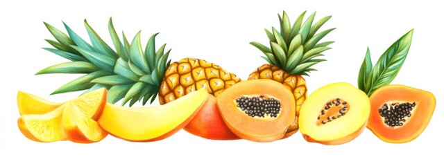 A selection of tropical fruits: pineapple, mango, and papaya