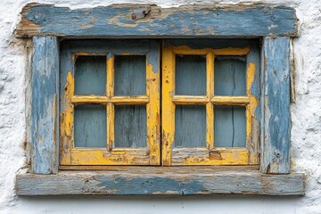  Weathered yellow and blue double-paned window in old stone wall.
