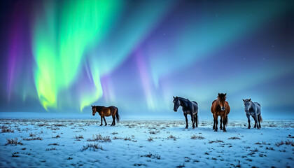 Northern Lights arching over a herd of wild Icelandic horses grazing in a snowy field