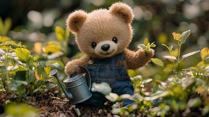 Adorable Plush Bear Gardening with Miniature Tools in Lush Greenery
