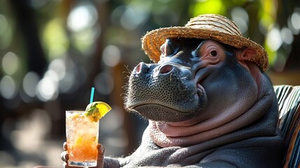 Relaxed Hippo Enjoying Tropical Getaway with Sun Hat and Cocktail