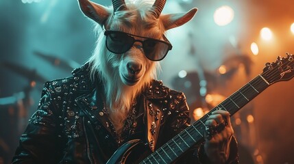 Charismatic Goat Rocking Out on Stage with Electric Guitar