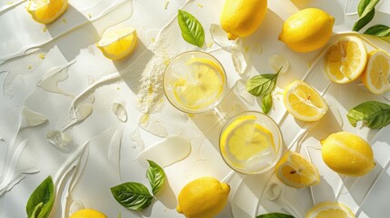 A sip of sunshine, showcasing freshly squeezed lemonade, made with real lemons and sugar, artfully arranged on a white top view