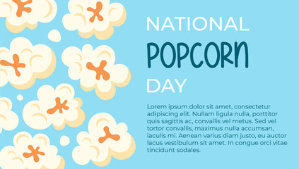 National Popcorn Day banner, horizontal shape. January 19. Popcorn on blue background and basic text. Food or holidays theme. Vector illustration.