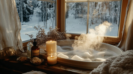 A peaceful bath atmosphere with flickering candles, rustic dried flowers, and comforting tones, as steam mingles with the snowy backdrop