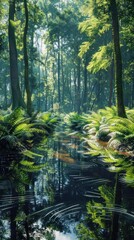 Fototapeta premium Enchanting scene of a lush dense temperate rainforest with a serene stream flowing through its waters reflecting the surrounding foliage of ferns mosses and other verdant vegetation A peaceful