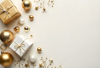 Gold and white Christmas gifts , ornaments , and decorations on a light background