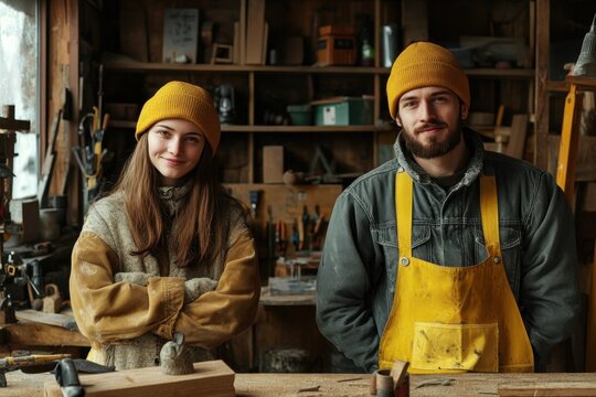 Young craftsmen stand proudly in a woodworking workshop, showcasing their skills and teamwork