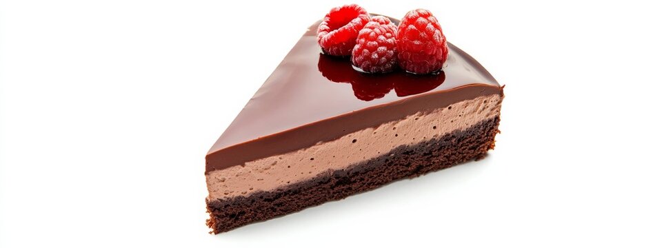 A slice of decadent chocolate mousse cake with raspberry coulis, isolated white background, minimalist art style
