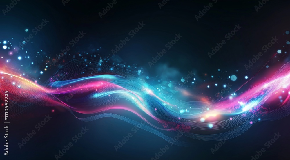 Poster abstract tech background in the form of colorful waves, consisting of a large number of digital conn