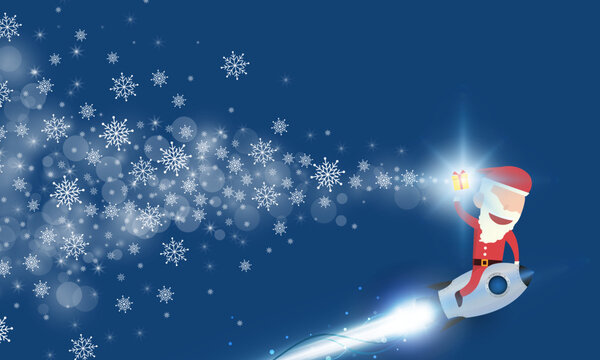 2025 Typographical Christmas and New Year Greetings on a Shiny Xmas Santa claus drive rocket launch and smoke through cloud into space.