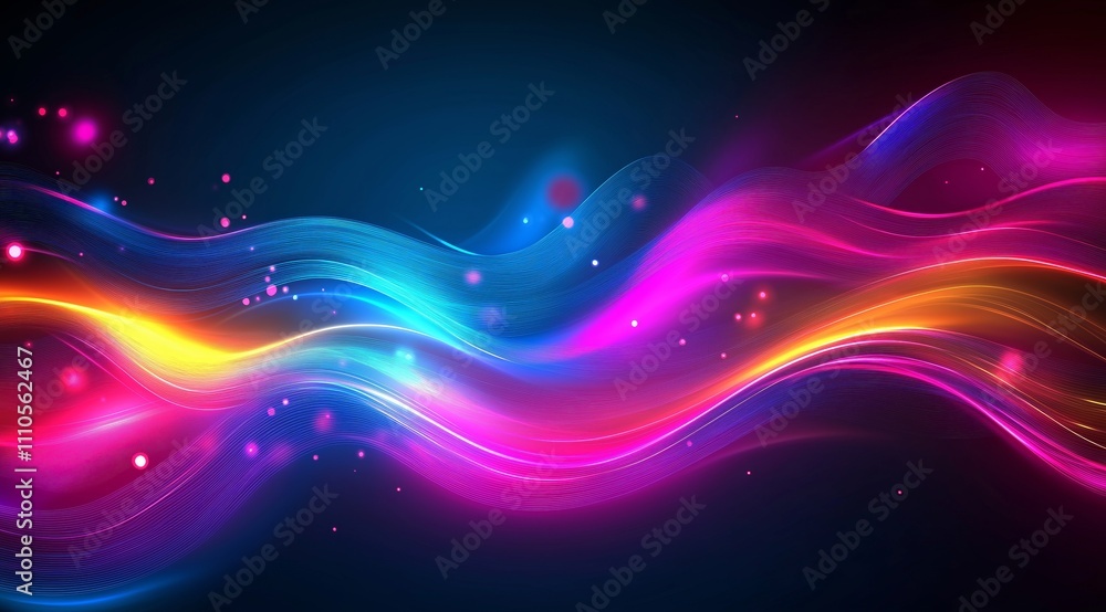 Poster abstract tech background in the form of colorful waves, consisting of a large number of digital conn