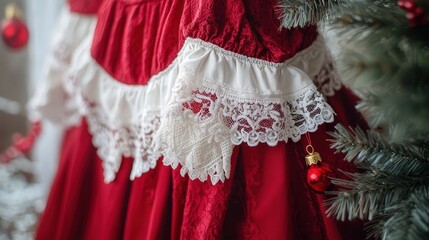A beautiful red and white long-sleeved shirt, perfect for Christmas Day, with an elegant lace trim along the sleeves and a subtle Christmas motif.