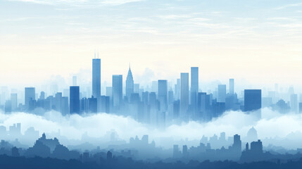 Laissez-Faire Capitalism. A serene skyline shrouded in mist, featuring tall buildings and a soft blue color palette, evoking a tranquil urban atmosphere.