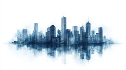Laissez-Faire Capitalism. A serene blue silhouette of a city skyline reflected on water, showcasing modern architecture with a misty ambiance.