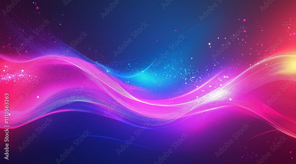 Poster abstract tech background in the form of colorful waves, consisting of a large number of digital conn