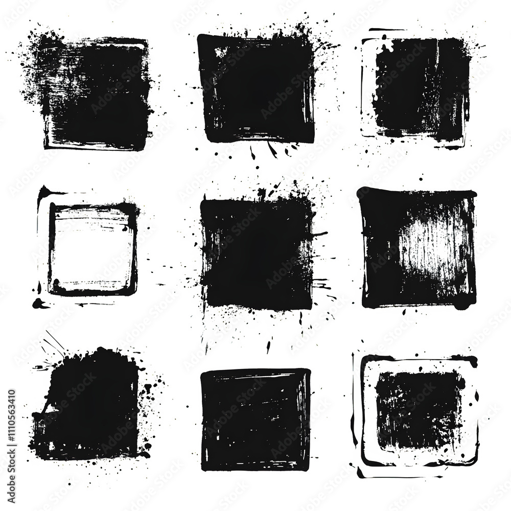 Poster nine bold grunge paint brush strokes on a transparent background, perfect for adding texture and art