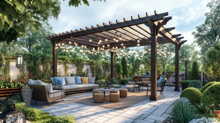 Fototapeta premium Relaxing outdoor patio with pergola, furniture, and string lights.
