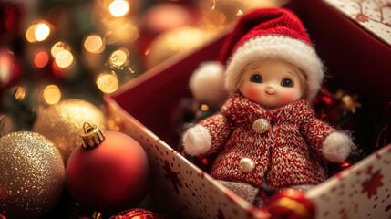 A beautifully wrapped Christmas gift box with the lid partially open, revealing a charming doll dressed in a winter coat, surrounded by sparkling holiday decorations