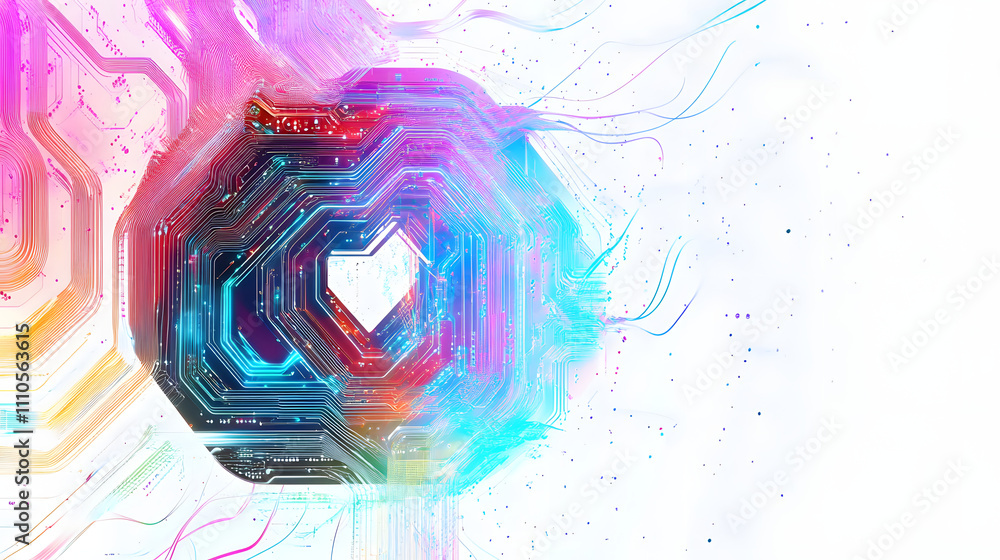 Poster ai symbol adorned with complex circuit layout on a white background. surrounded by colorful, flowing