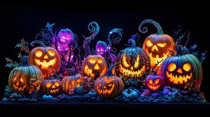 Glowing carved pumpkins Halloween scene.