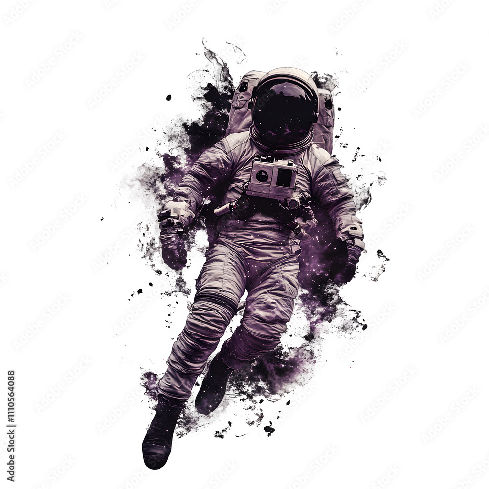 Aufkleber Astronaut in a spacesuit drifting in outer space with purple particle effects, against a transparent background