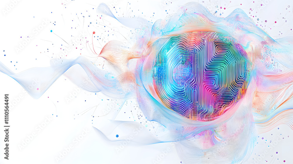 Poster ai symbol adorned with complex circuit layout on a white background. surrounded by colorful, flowing