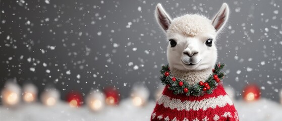 A adorable animal Christmas themed, A cute llama in a festive red sweater adorned with a wreath, set against a snowy background with soft glowing lights.