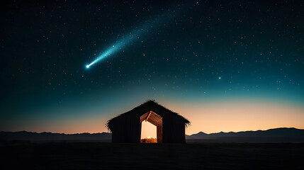 Nativity. Silhouette of a stable in the desert with starry sky and bright comet.